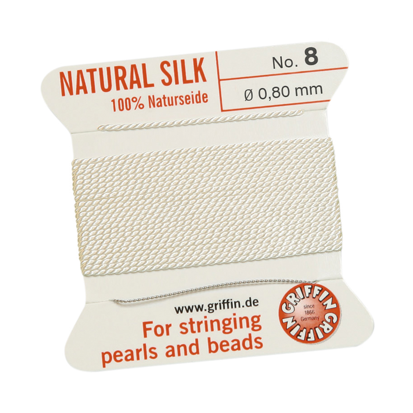 Bead Cord 100% Natural Silk, White, No. 8 - 2 m