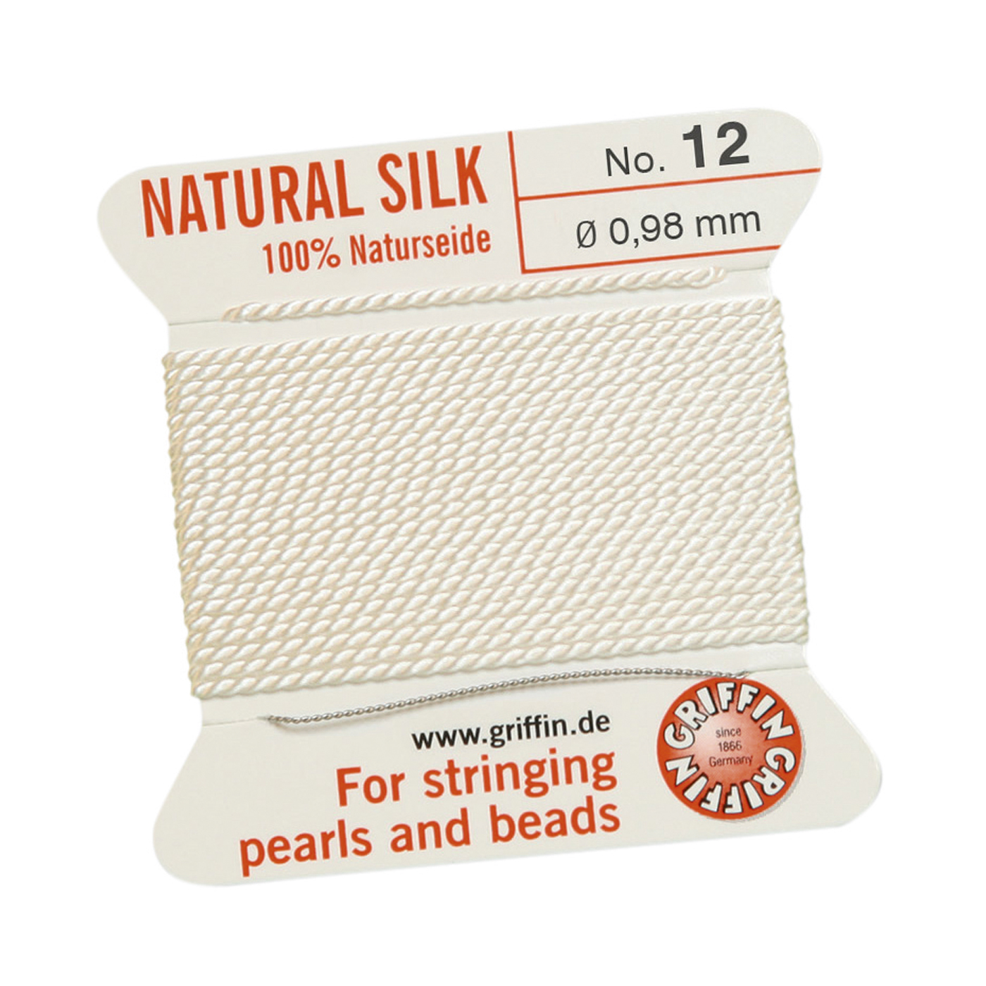 Bead Cord 100% Natural Silk, White, No. 12 - 2 m