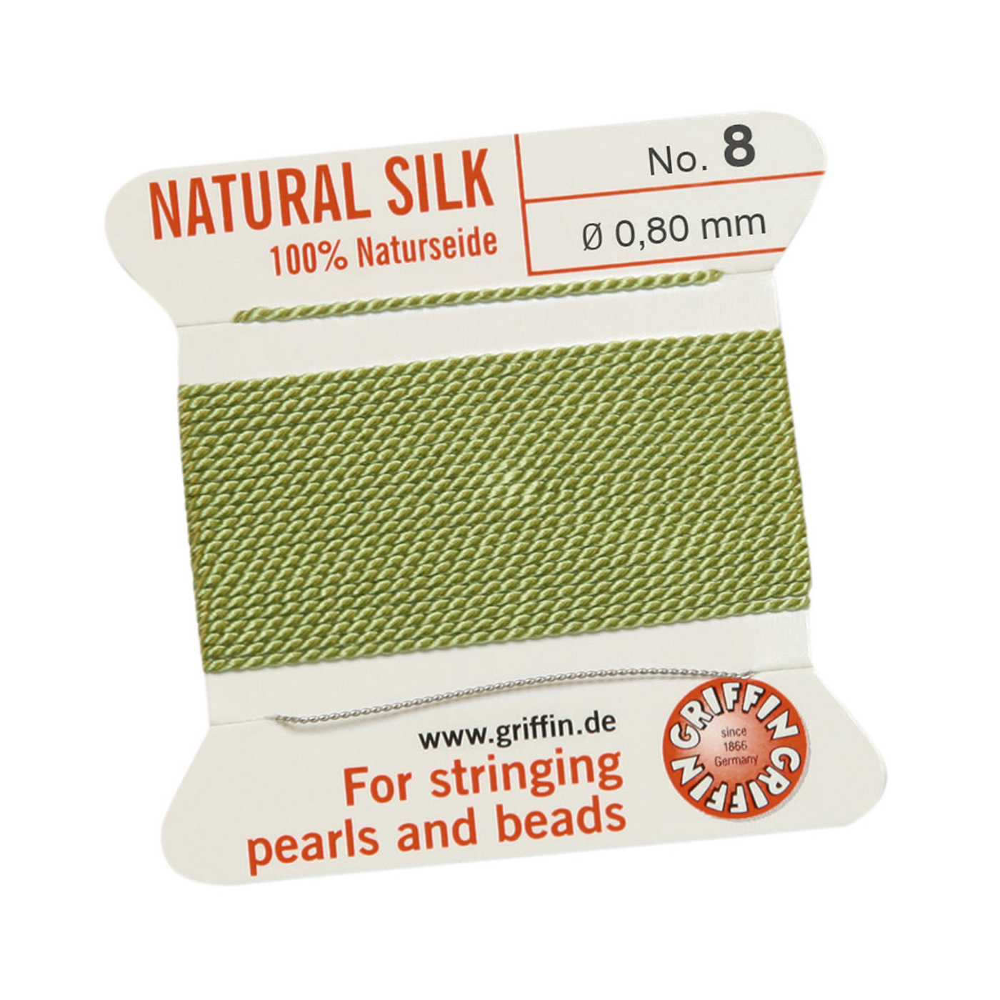 Bead Cord 100% Natural Silk, Jade Green, No. 8 - 2 m