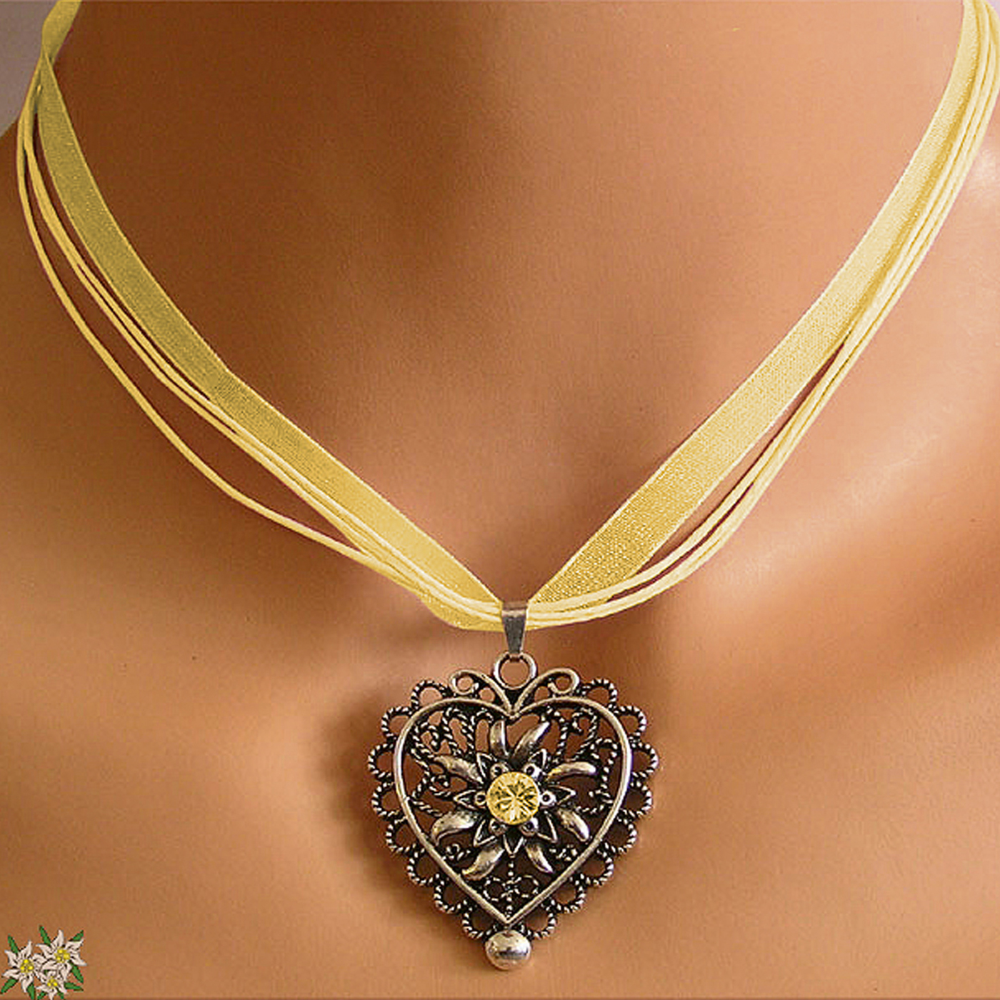 Cloth Band Sun Flower, Pendant Heart/Edelweiss,Crystal Topaz - 1 piece