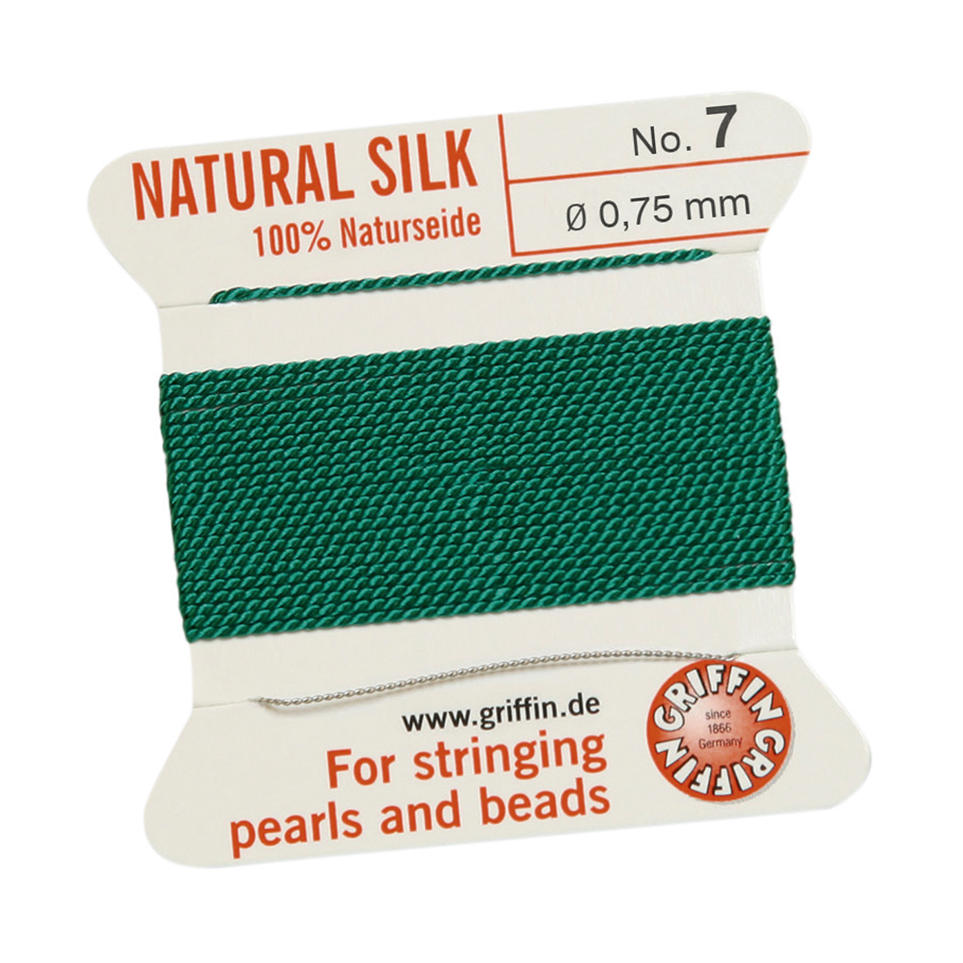Bead Cord 100% Natural Silk, Green, No. 7 - 2 m