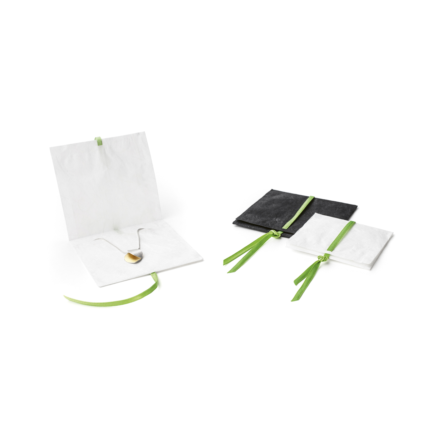 Papiertaschen, weiß mit grünem Band, 80 x 80 mm - 10 Stück