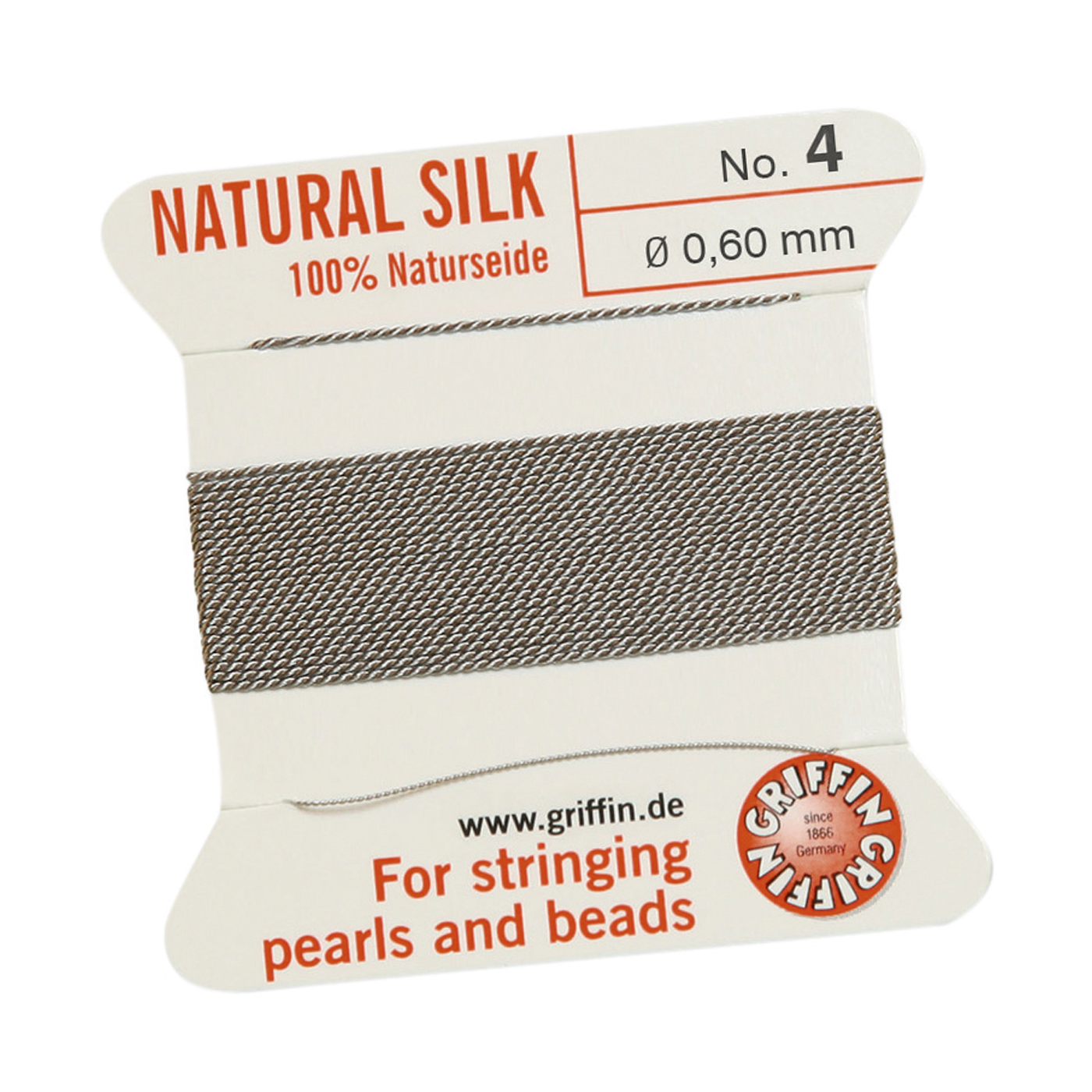 Bead Cord 100% Natural Silk, Grey, No. 4 - 2 m