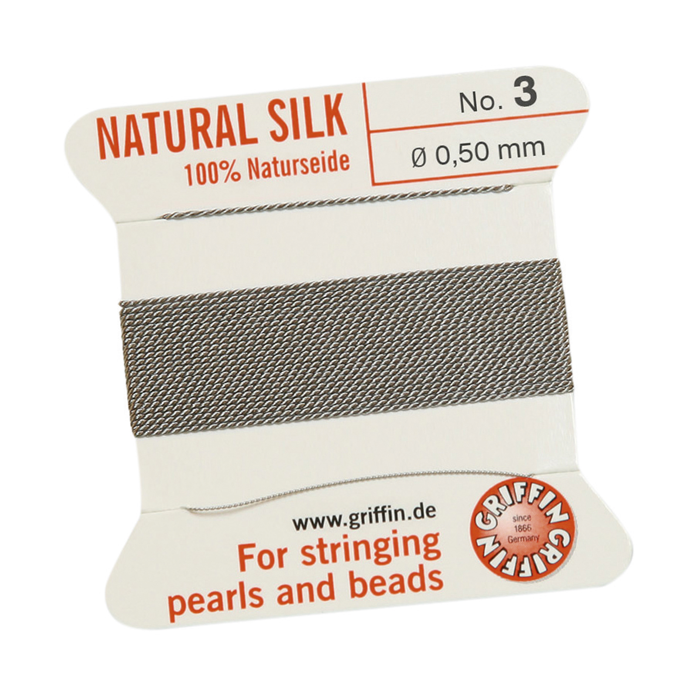 Bead Cord 100% Natural Silk, Grey, No. 3 - 2 m