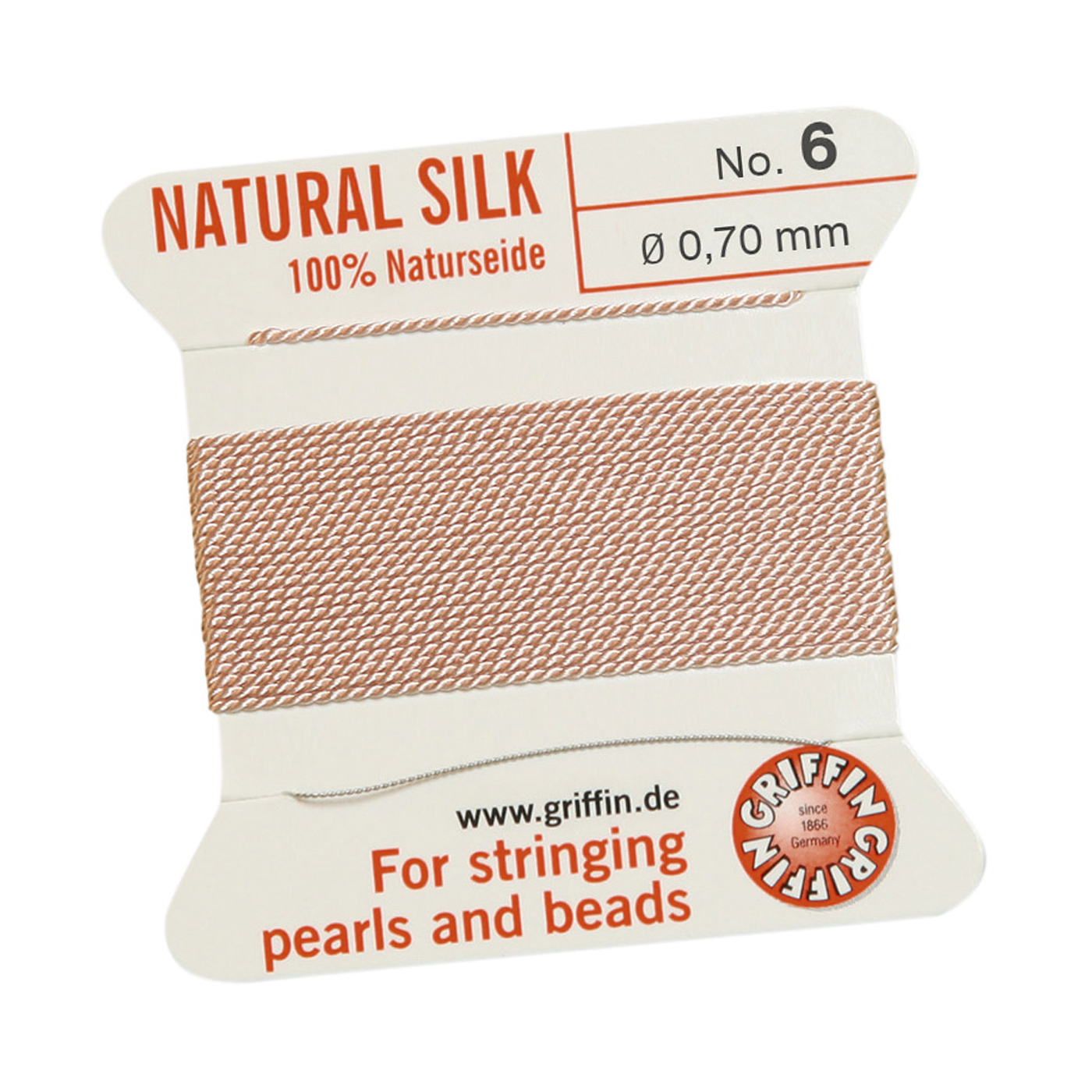 Bead Cord 100% Natural Silk, Light Pink, No. 6 - 2 m
