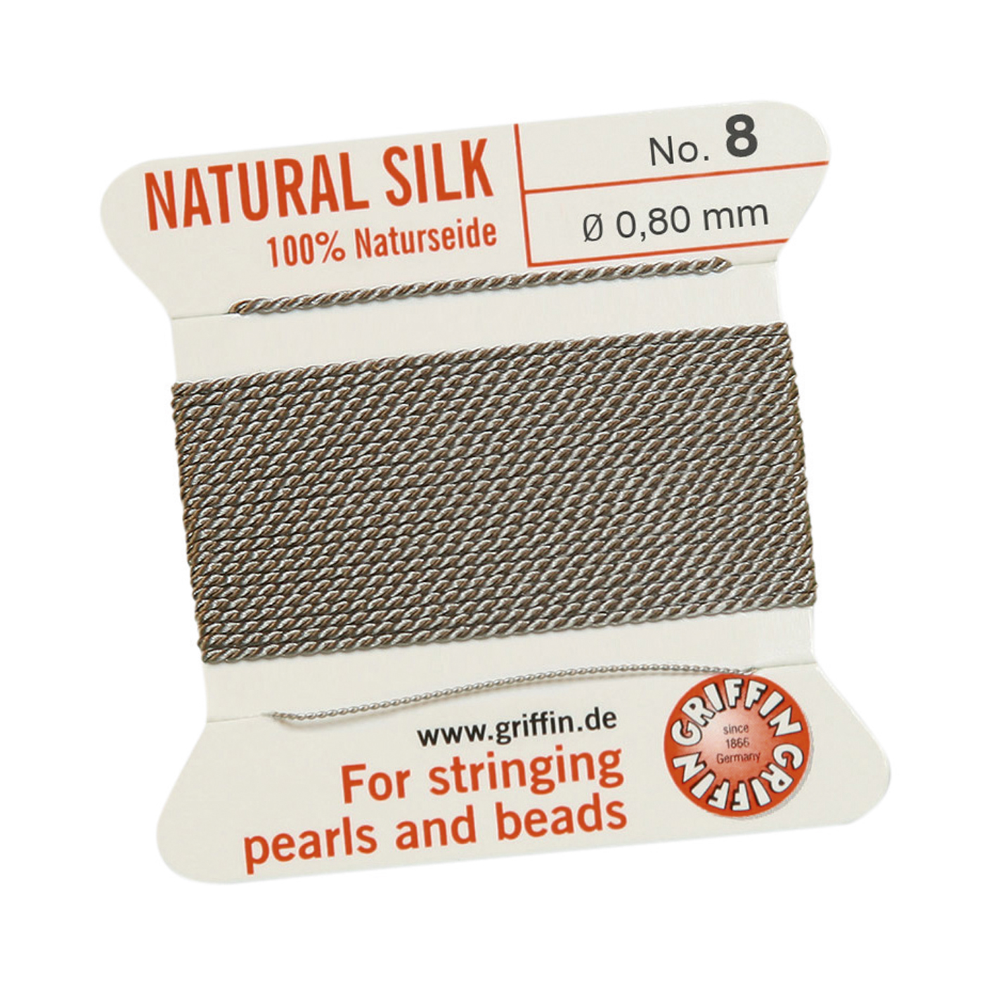Bead Cord 100% Natural Silk, Grey, No. 8 - 2 m
