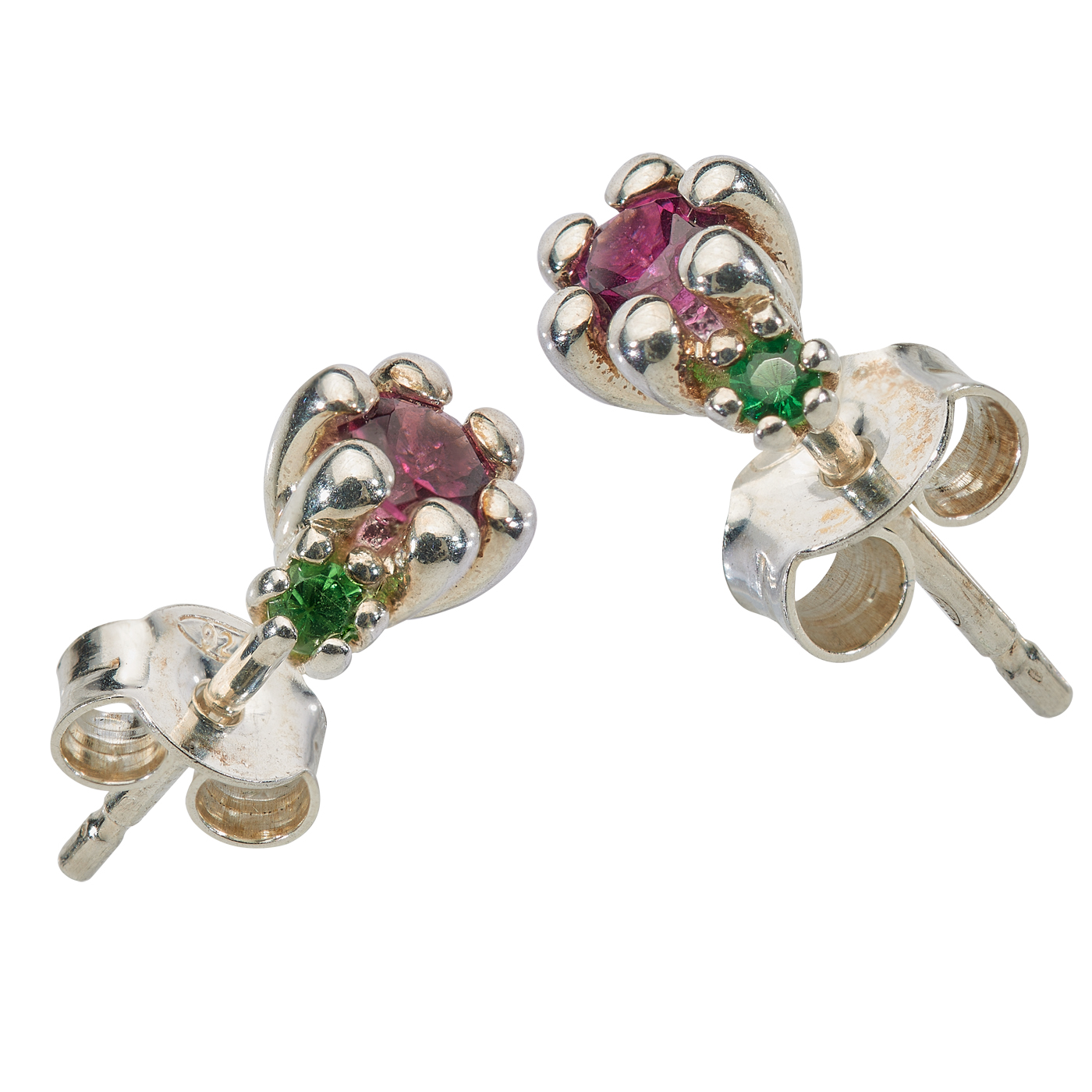 Ohrstecker 925Ag, 6er Chaton, Rubelith ø-3,0 mm, Tsavorit - 1 Paar