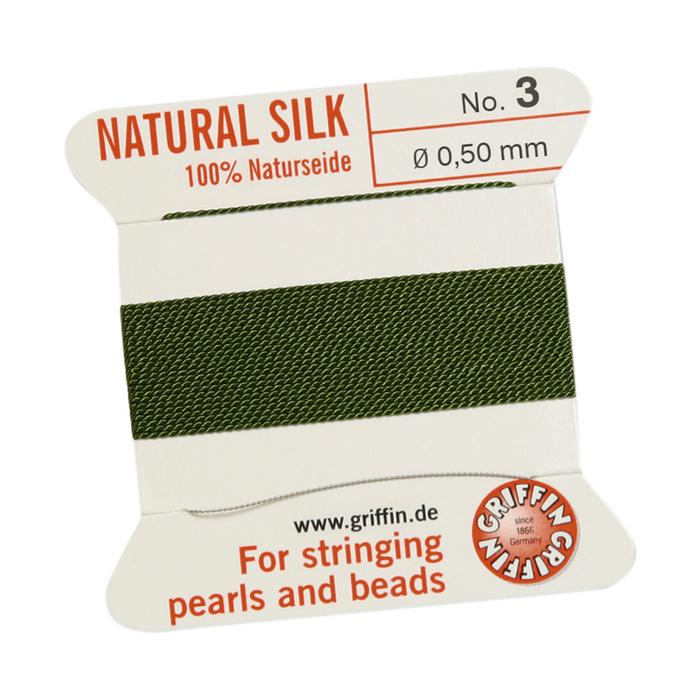 Bead Cord 100% Natural Silk, Olive Green, No. 3 - 2 m