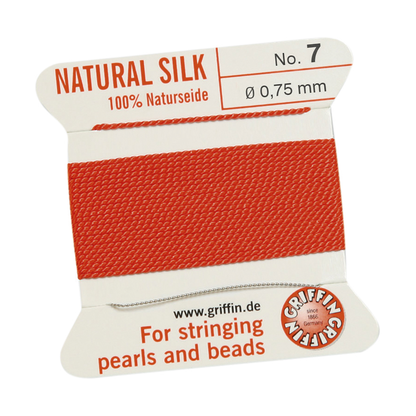 Bead Cord 100% Natural Silk, Coral Red, No. 7 - 2 m