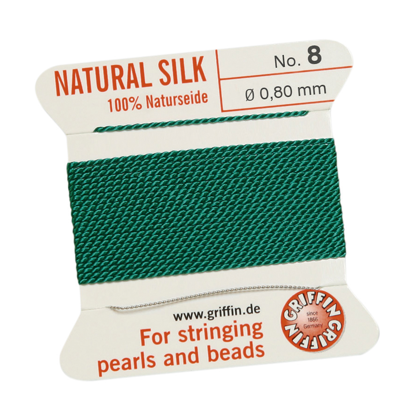 Bead Cord 100% Natural Silk, Green, No. 8 - 2 m