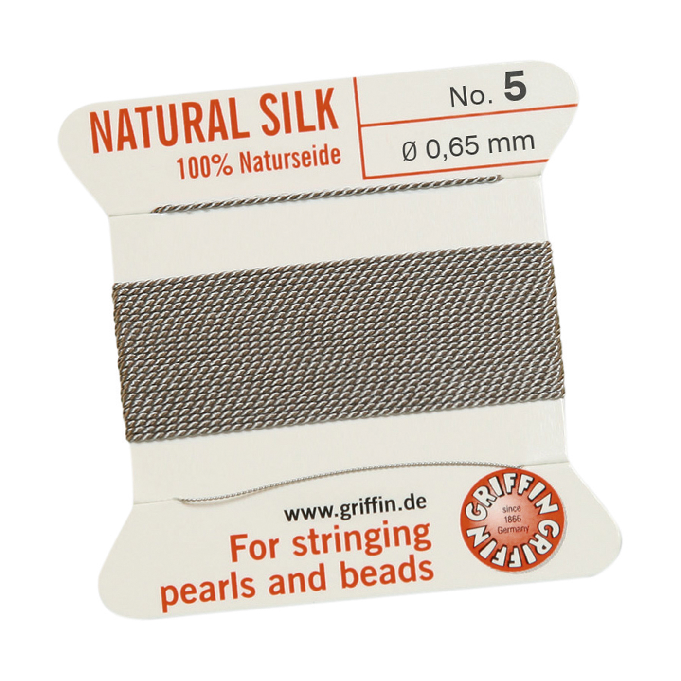 Bead Cord 100% Natural Silk, Grey, No. 5 - 2 m