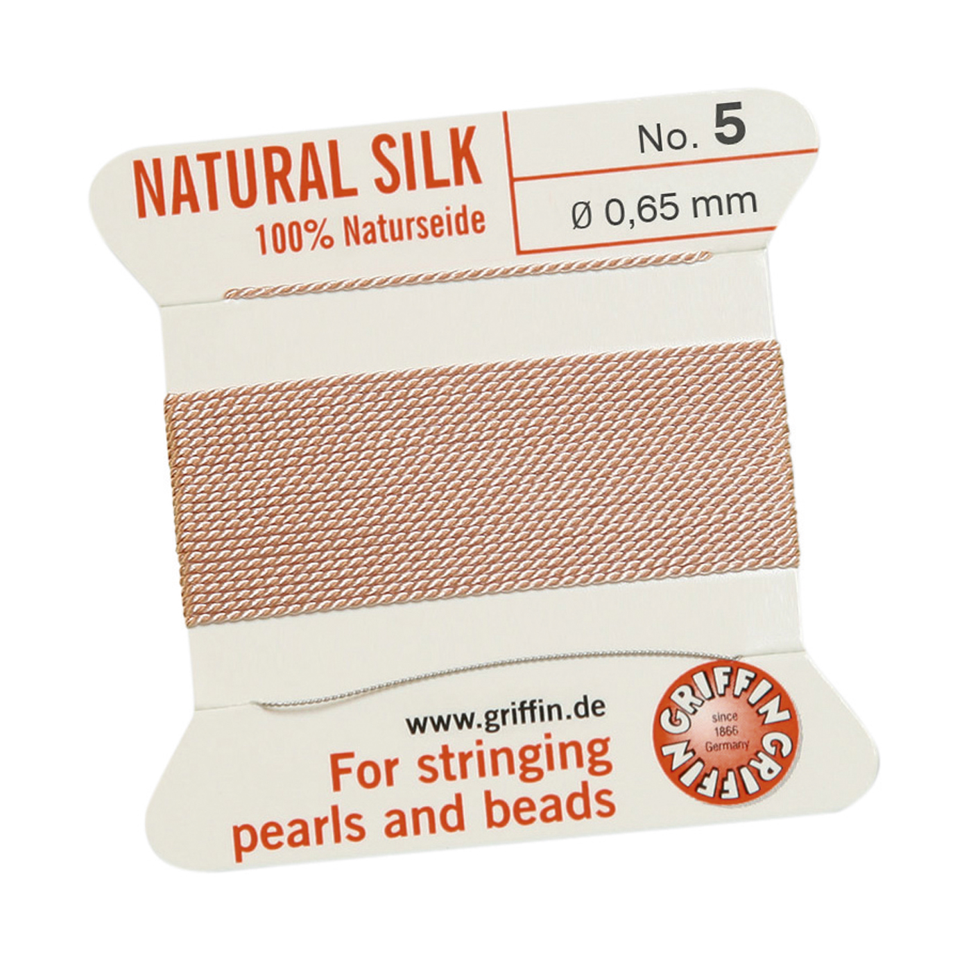 Bead Cord 100% Natural Silk, Light Pink, No. 5 - 2 m