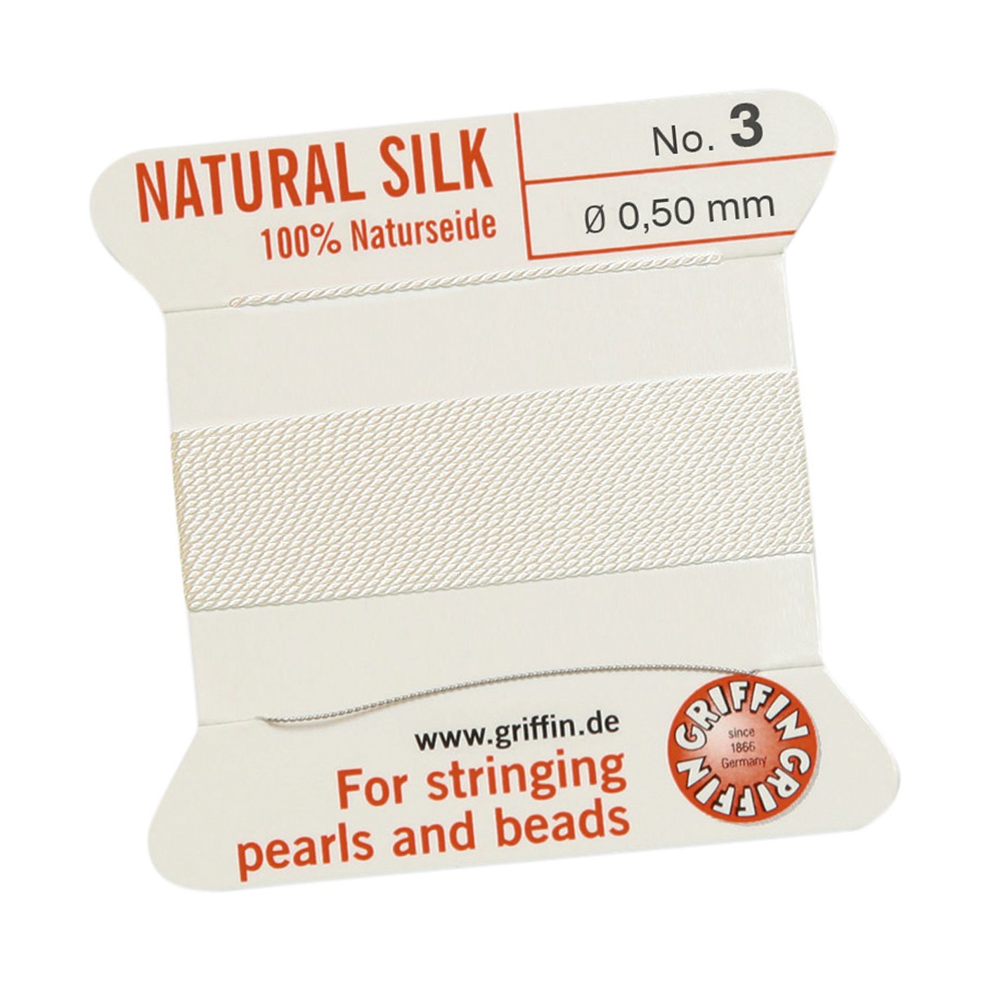 Bead Cord 100% Natural Silk, White, No. 3 - 2 m