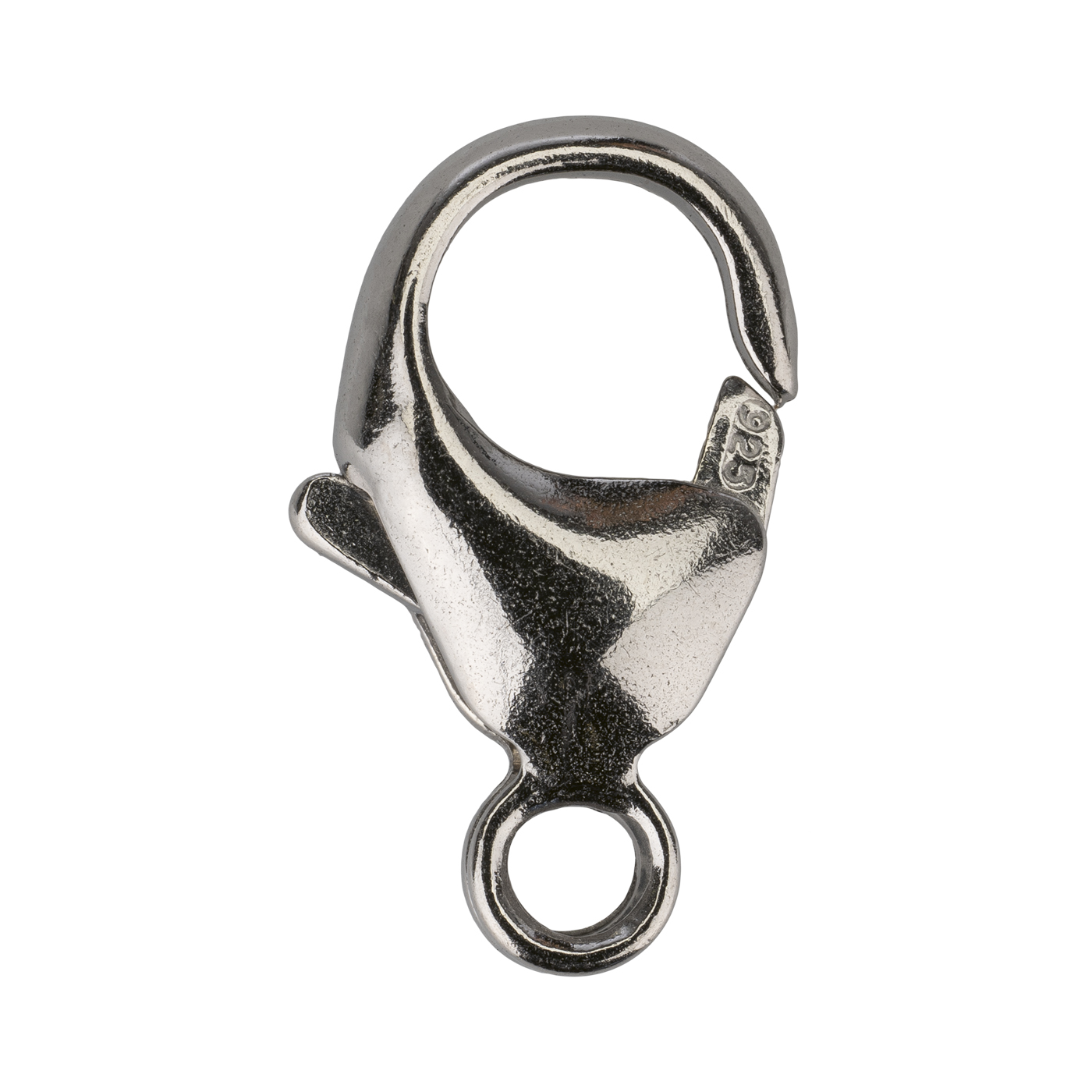 Karabiner, 925 Ag rhodiniert, 16 mm, mit fester Öse - 1 Stück