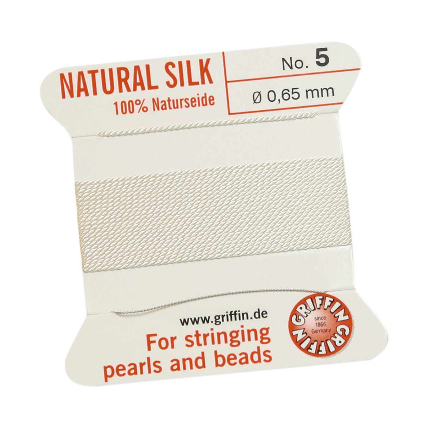 Bead Cord 100% Natural Silk, White, No. 5 - 2 m