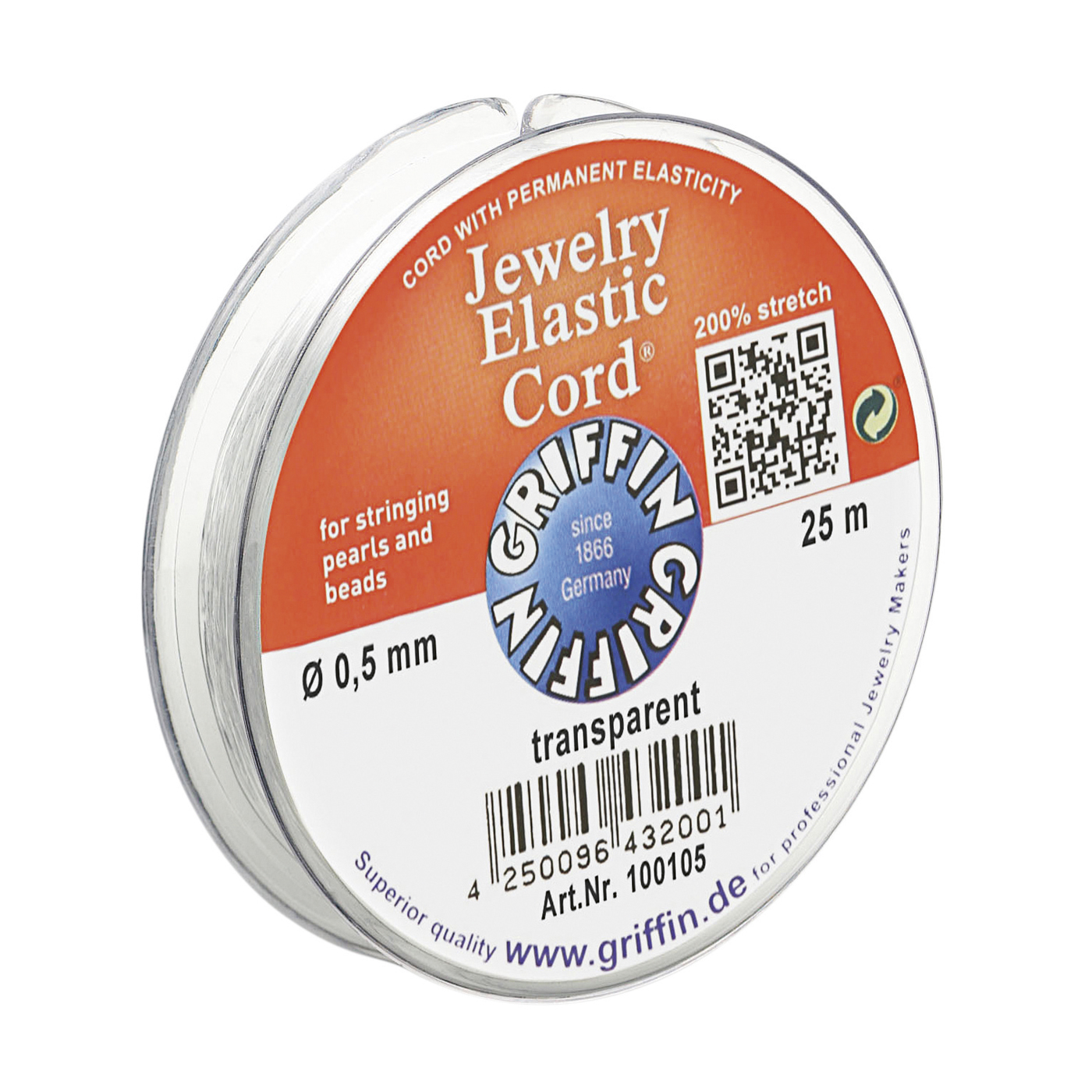 Griffin Jewelry Elastic Cord Bindfaden, transparent, ø 0,5 mm - 25 m Griffin Jewelry Elastic Cord Bindfaden, transparent, ø 0,5 mm - 25 m