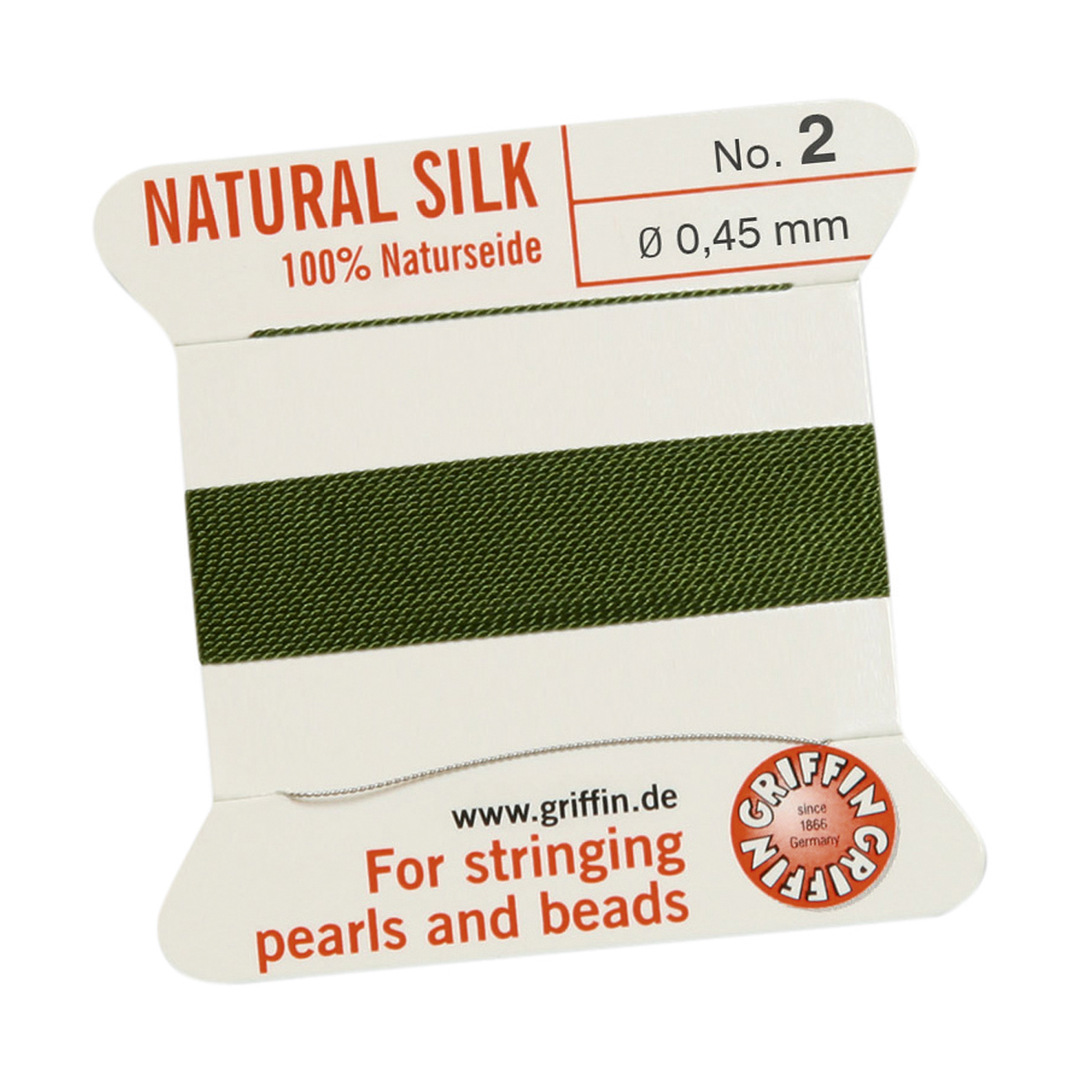 Bead Cord 100% Natural Silk, Olive Green, No. 2 - 2 m