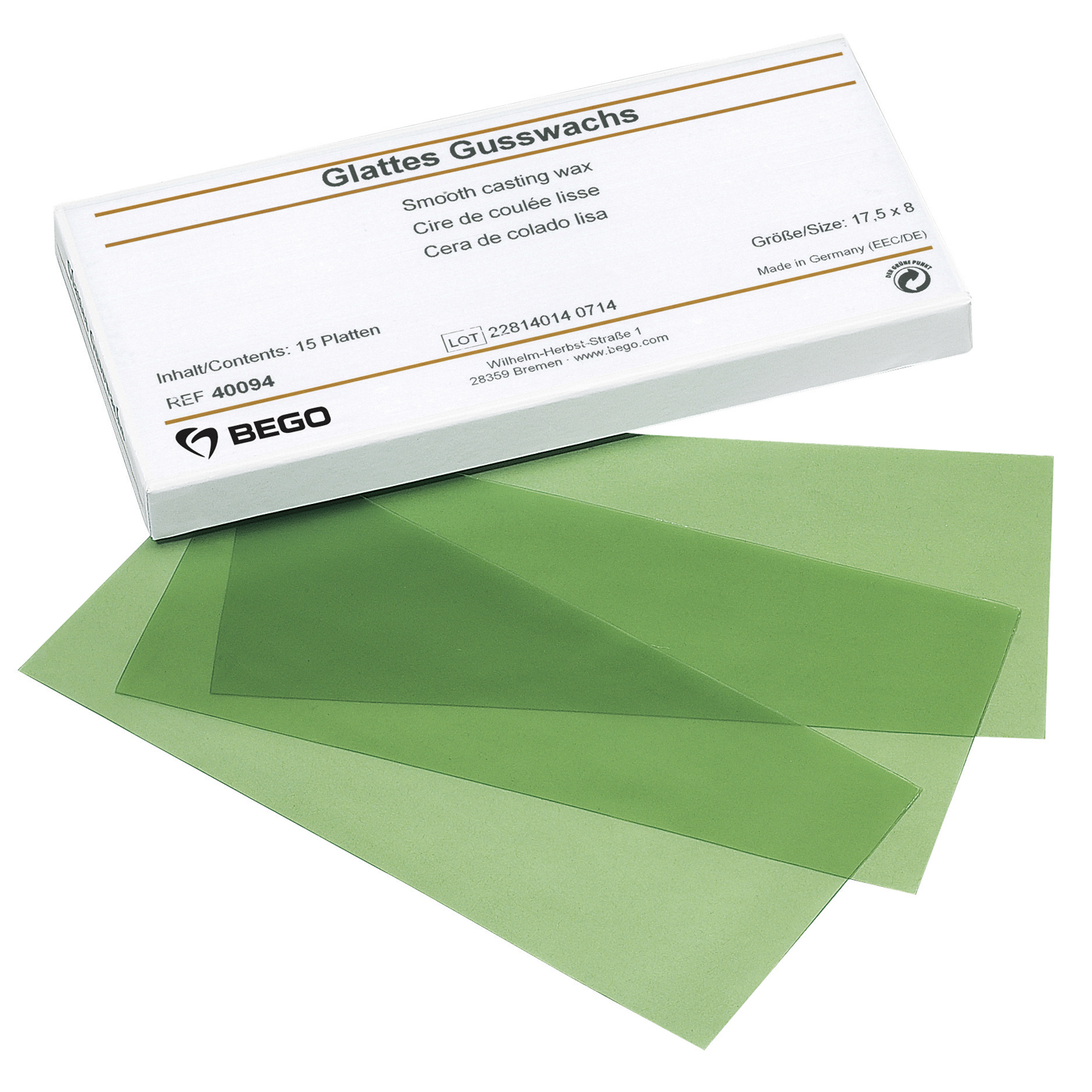 Bego Gusswachs, glatt, grün transparent, 0,25 mm - 15 Stück
