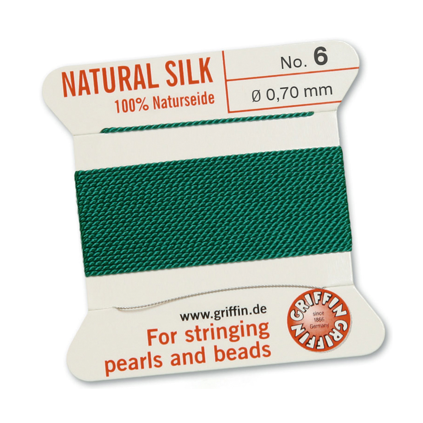 Bead Cord 100% Natural Silk, Green, No. 6 - 2 m