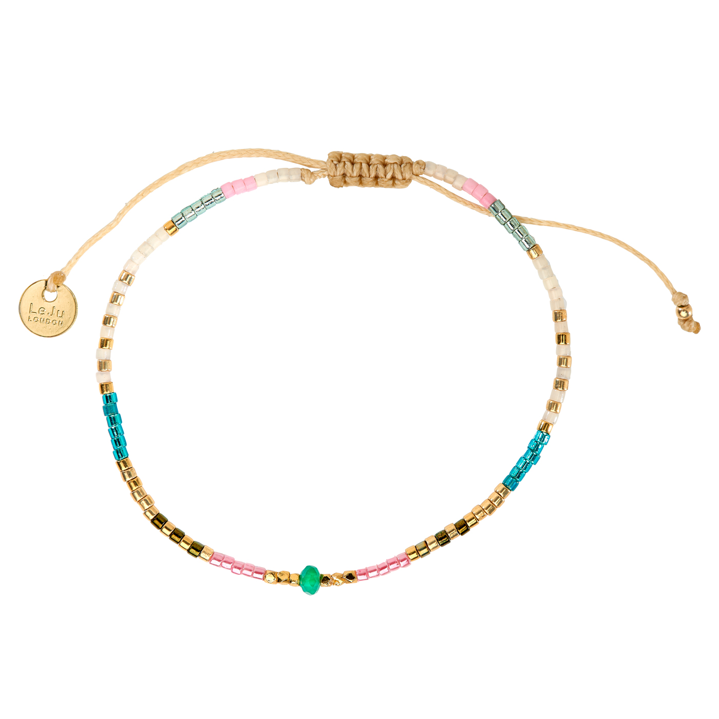 Armband, Flechtkordel, 19 cm, Messing verg., Glas ø 2,0 mm - 1 Stück