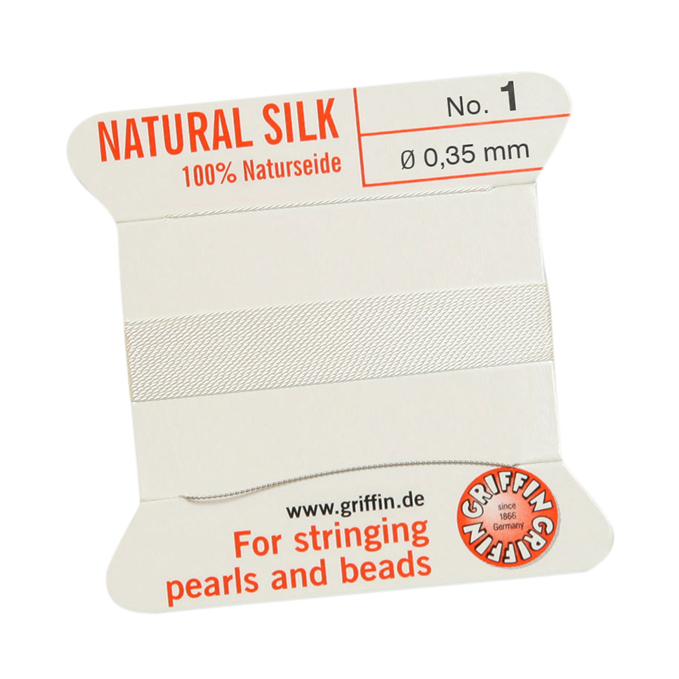 Bead Cord 100% Natural Silk, White, No. 1 - 2 m