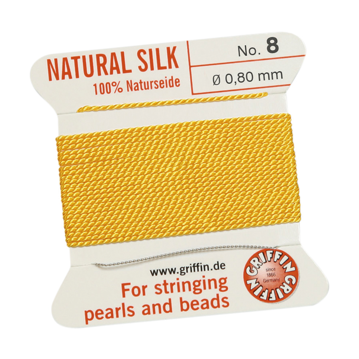 Bead Cord 100% Natural Silk, Light Yellow, No. 8 - 2 m